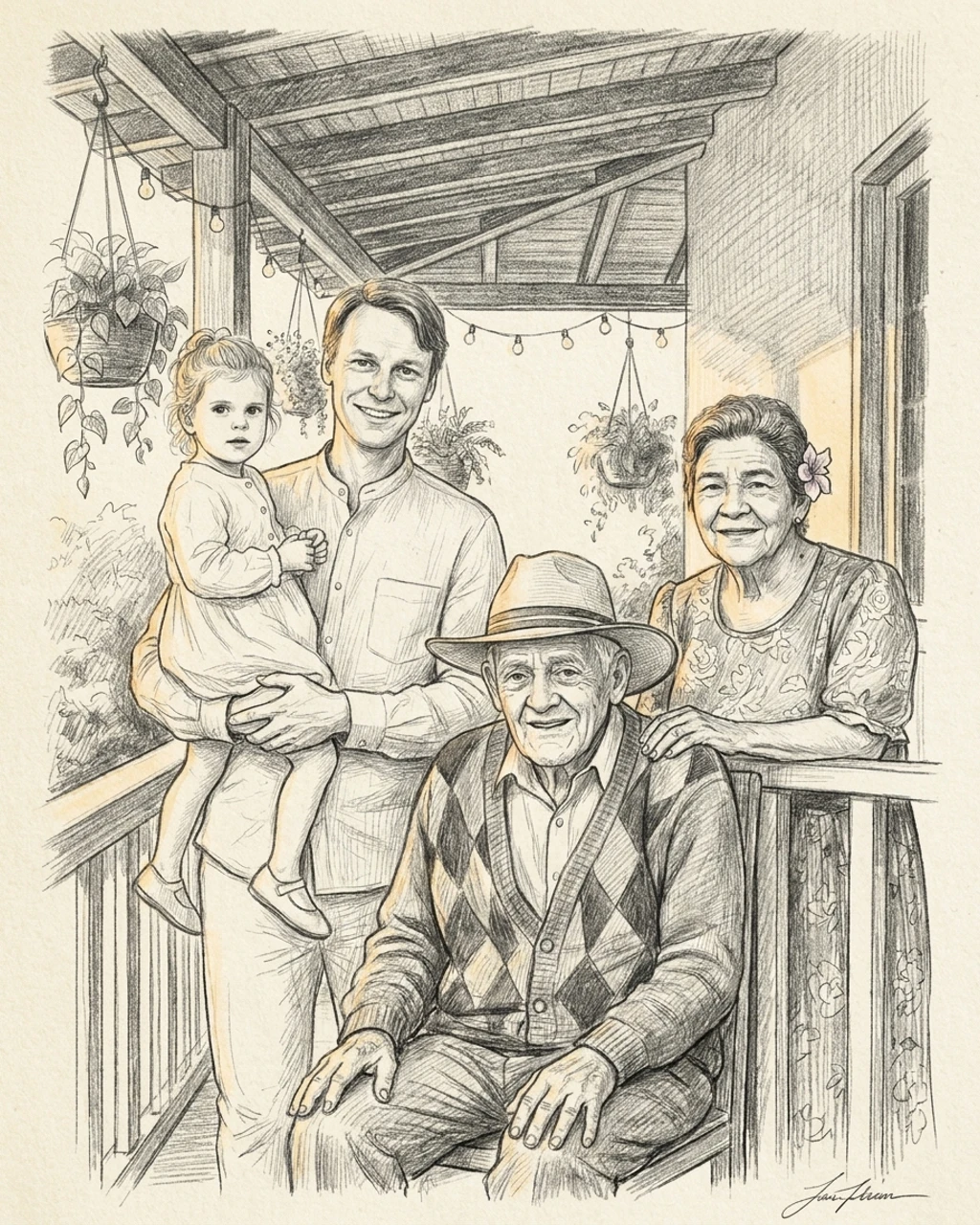 A pencil sketch family portrait composed by KinBlend