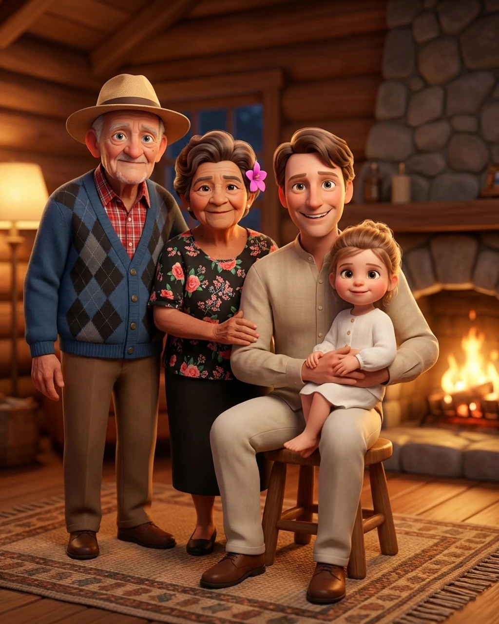 A 3d cartoon family portrait composed by KinBlend