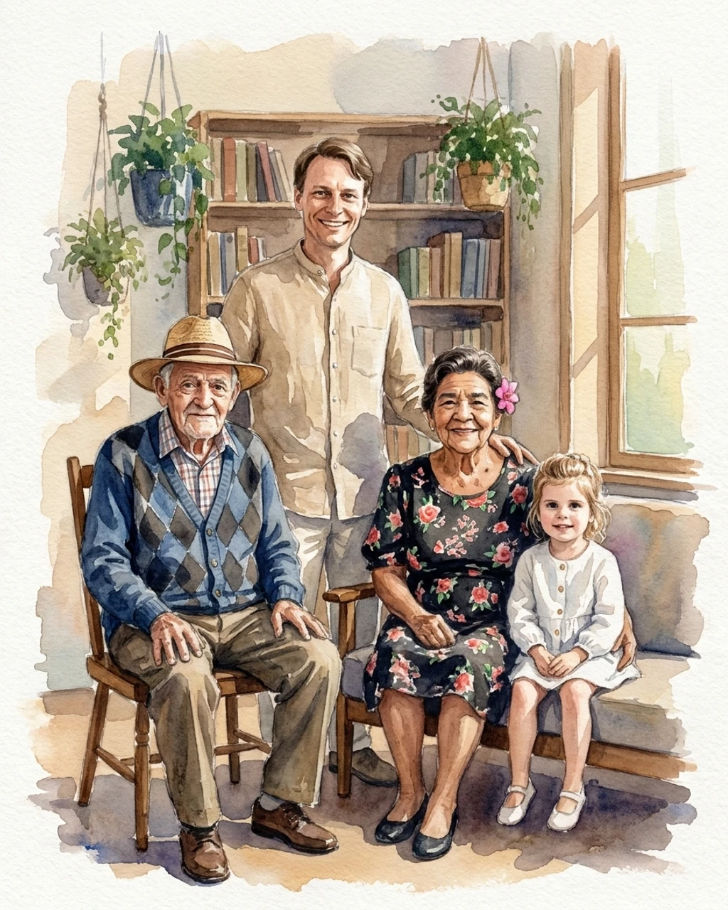 A pure watercolor family portrait composed by KinBlend