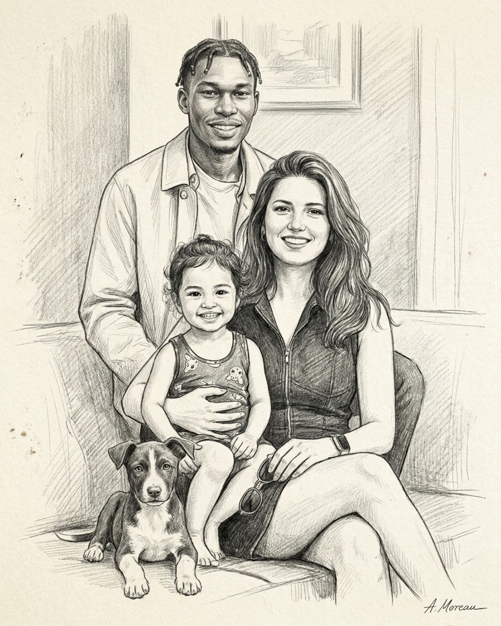 A pencil sketch family portrait composed by KinBlend