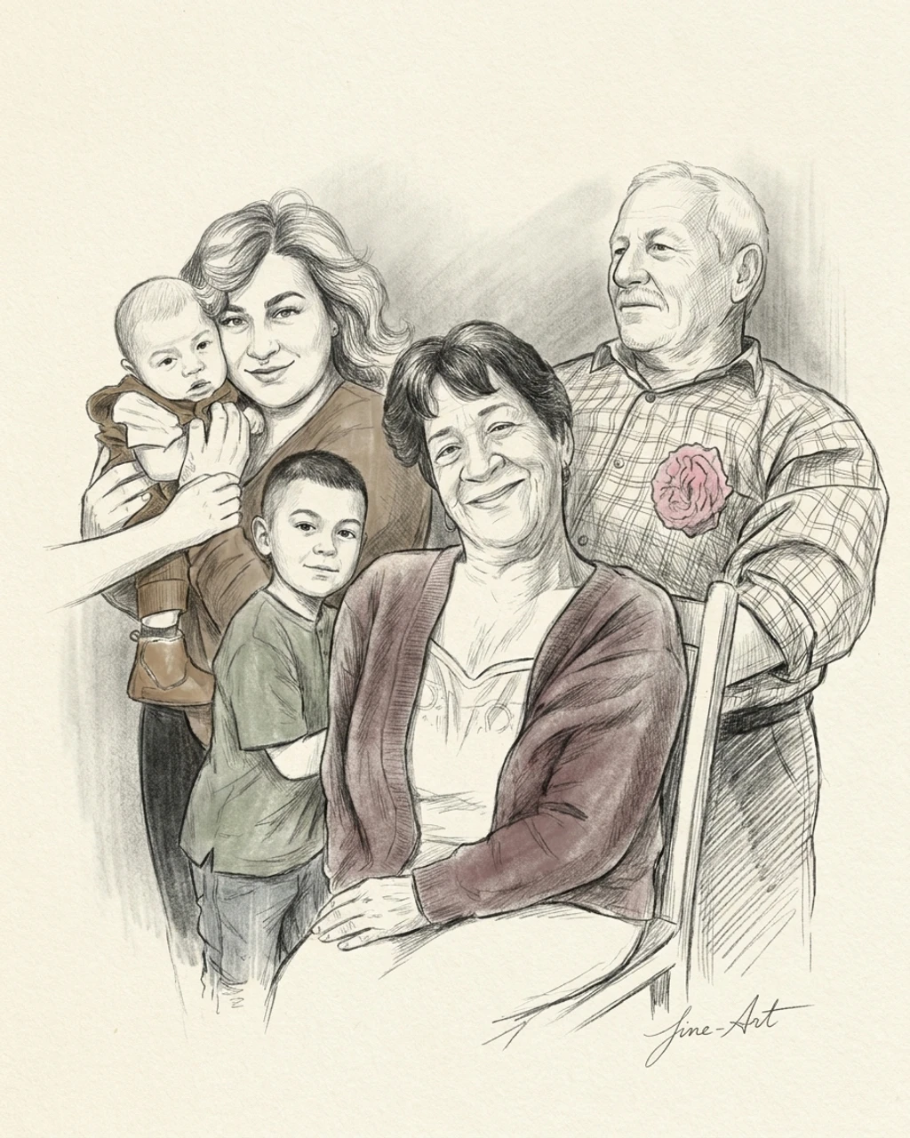 A pencil sketch family portrait composed by KinBlend