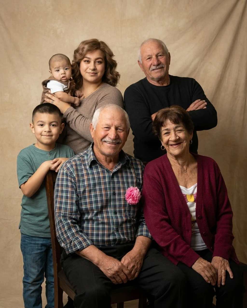 A photorealistic family portrait composed by KinBlend