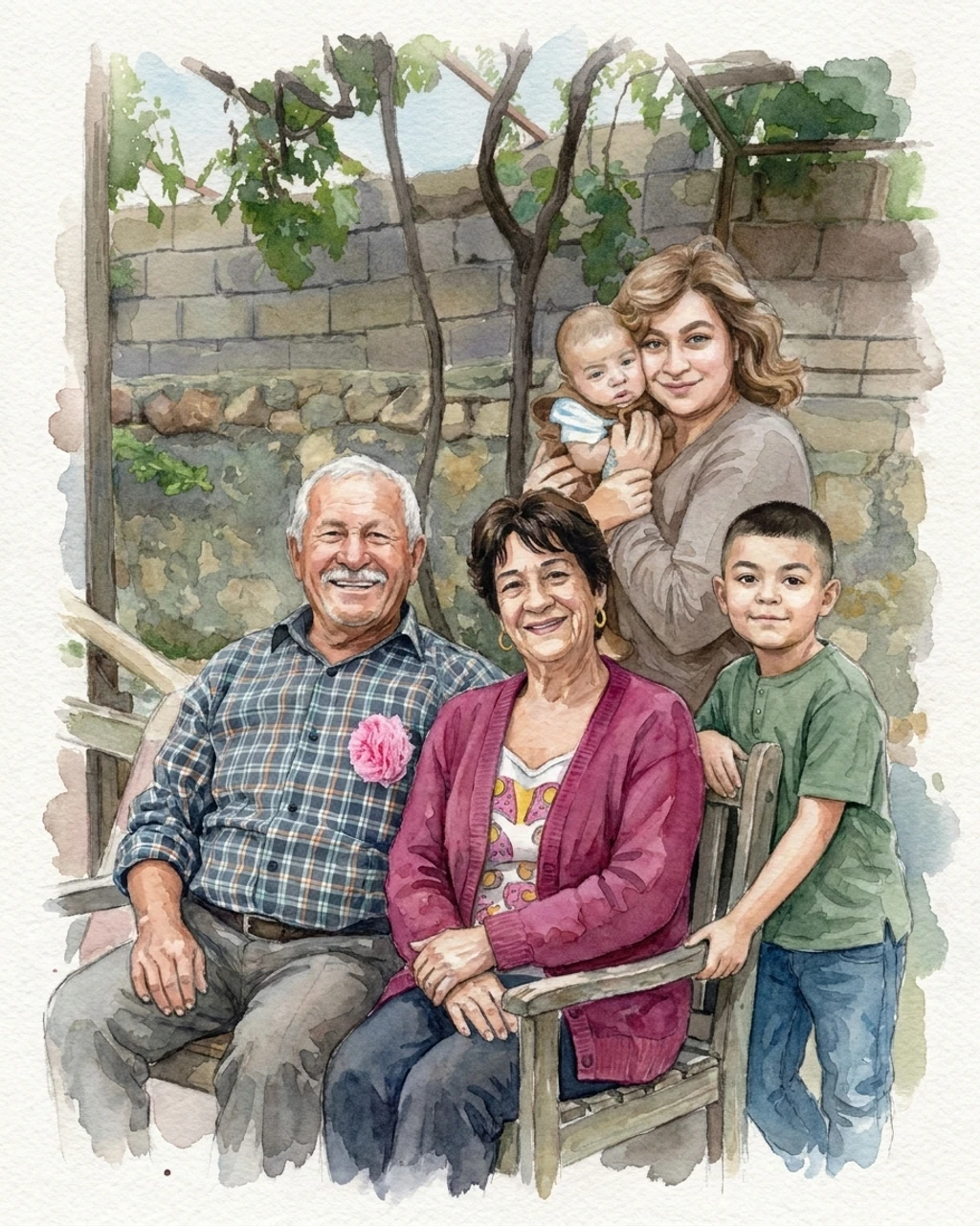 A pure watercolor family portrait composed by KinBlend
