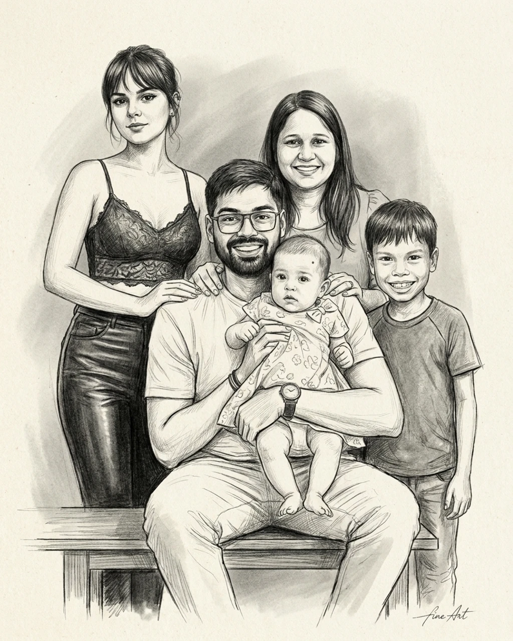 Pencil Sketch family portrait composed by KinBlend