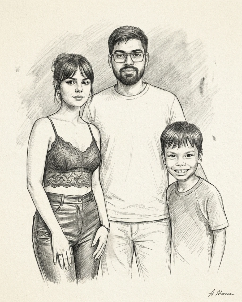 Pencil Sketch family portrait composed by KinBlend