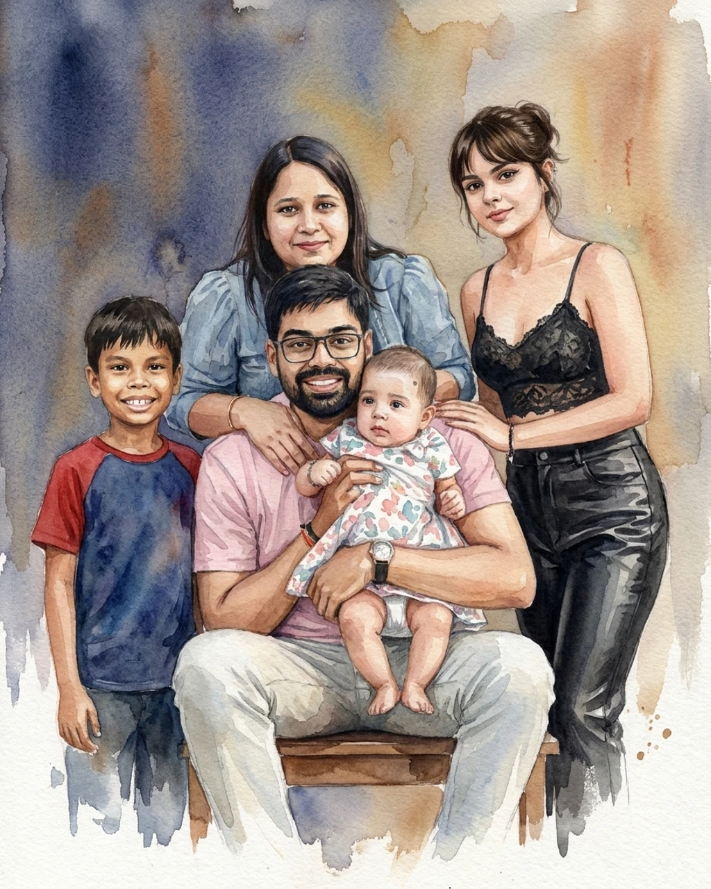 Pure Watercolor family portrait composed by KinBlend