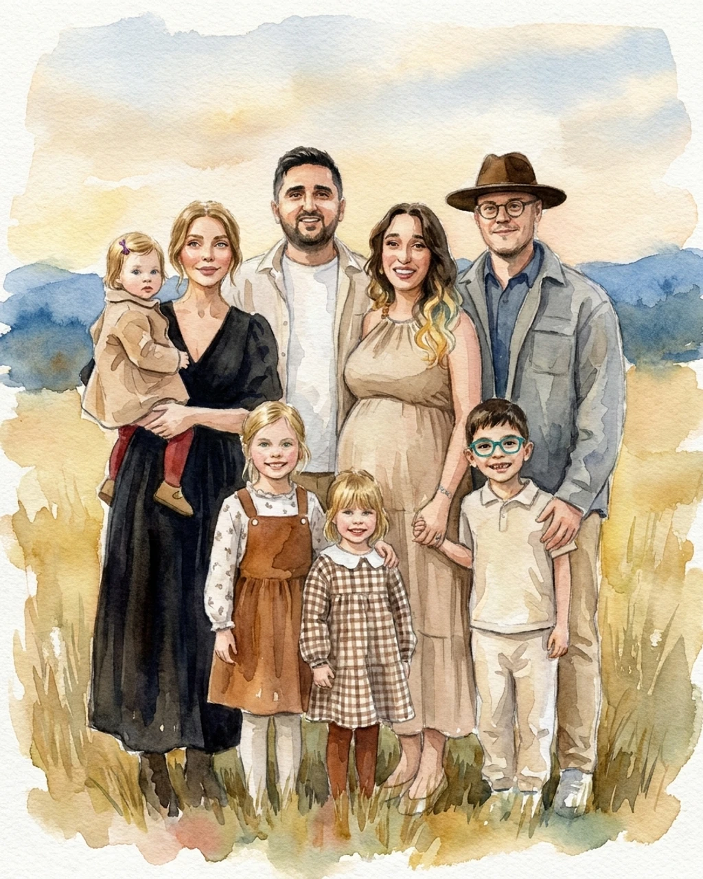 Pure Watercolor family portrait composed by KinBlend